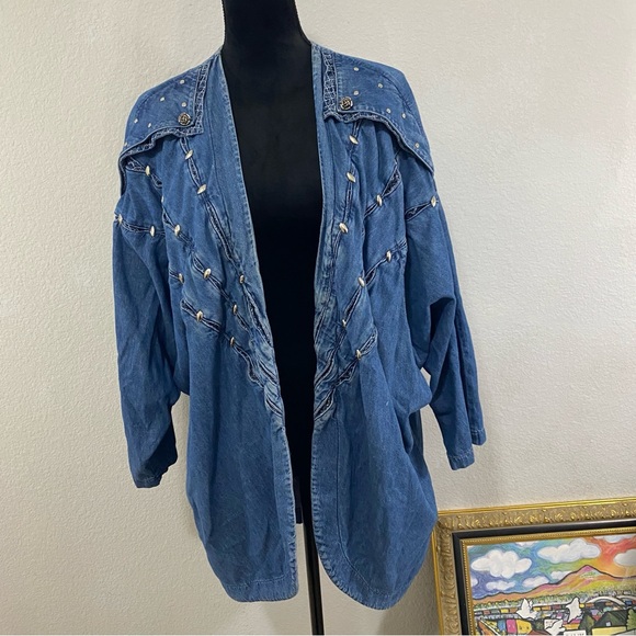 Vintage 80s LA Dawn Cali Open Front Embroidered Denim Jacket, Silver Details - Picture 4 of 6